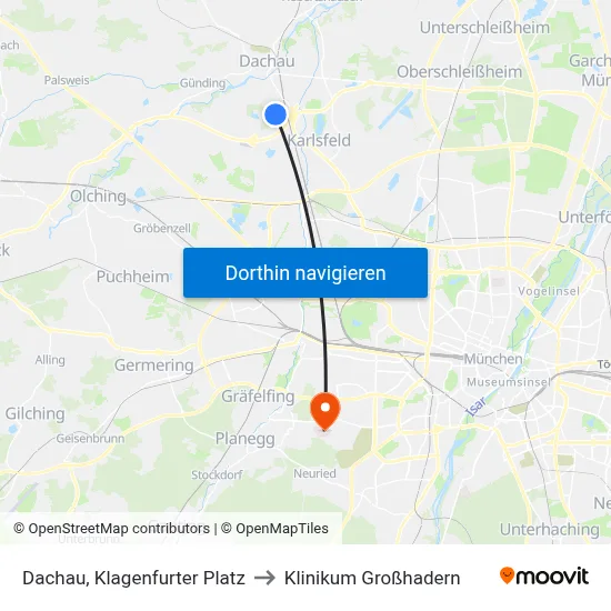 Dachau, Klagenfurter Platz to Klinikum Großhadern map