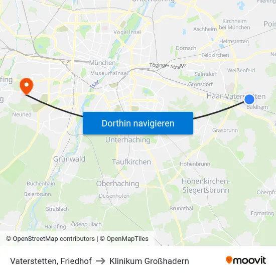 Vaterstetten, Friedhof to Klinikum Großhadern map