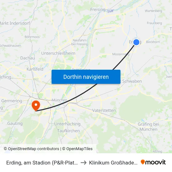 Erding, am Stadion (P&R-Platz) to Klinikum Großhadern map