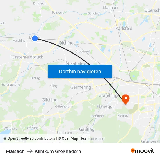 Maisach to Klinikum Großhadern map