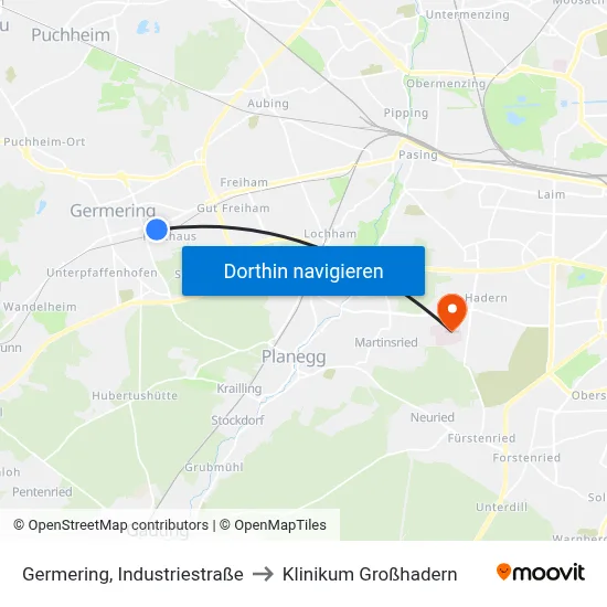 Germering, Industriestraße to Klinikum Großhadern map