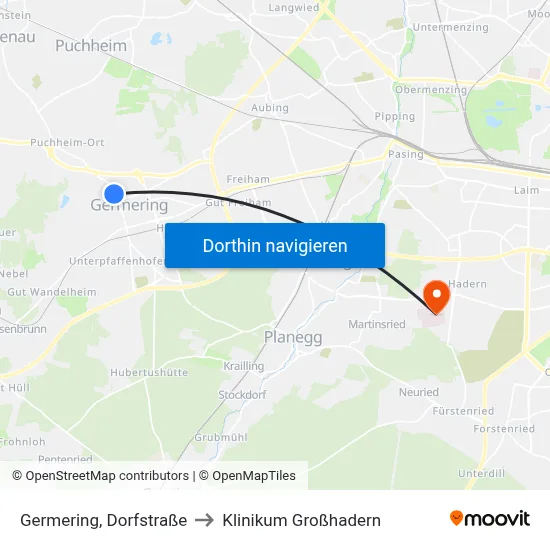 Germering, Dorfstraße to Klinikum Großhadern map