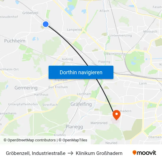 Gröbenzell, Industriestraße to Klinikum Großhadern map