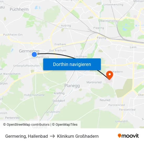 Germering, Hallenbad to Klinikum Großhadern map