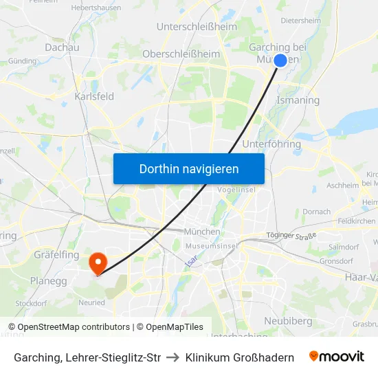 Garching, Lehrer-Stieglitz-Str to Klinikum Großhadern map