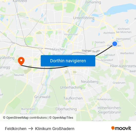 Feldkirchen to Klinikum Großhadern map