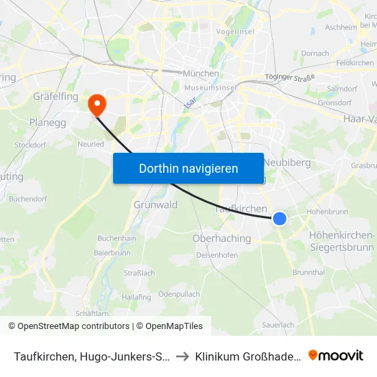 Taufkirchen, Hugo-Junkers-Str. to Klinikum Großhadern map