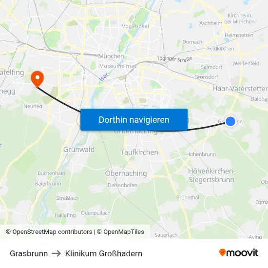 Grasbrunn to Klinikum Großhadern map