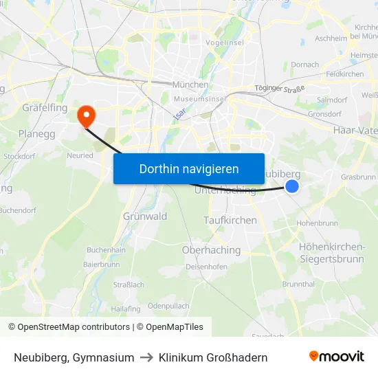 Neubiberg, Gymnasium to Klinikum Großhadern map