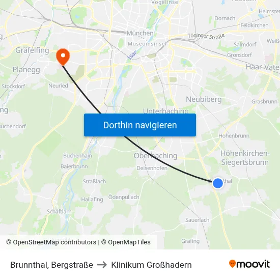 Brunnthal, Bergstraße to Klinikum Großhadern map