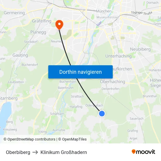 Oberbiberg to Klinikum Großhadern map