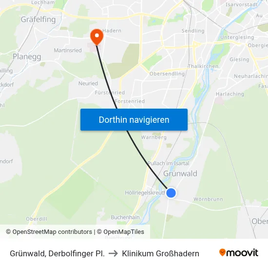 Grünwald, Derbolfinger Pl. to Klinikum Großhadern map