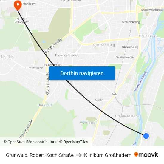 Grünwald, Robert-Koch-Straße to Klinikum Großhadern map