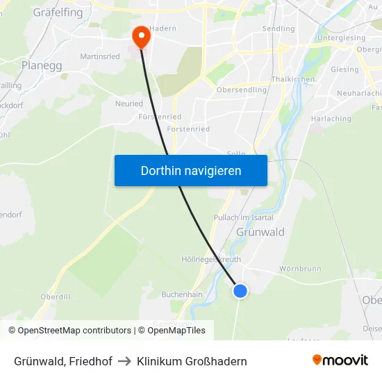 Grünwald, Friedhof to Klinikum Großhadern map