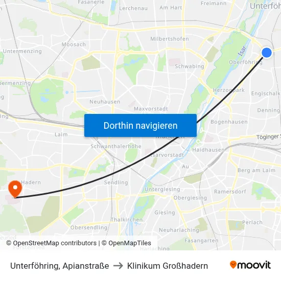Unterföhring, Apianstraße to Klinikum Großhadern map