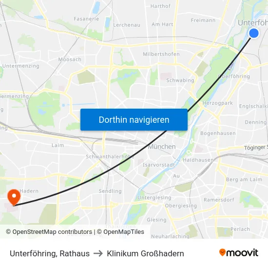 Unterföhring, Rathaus to Klinikum Großhadern map