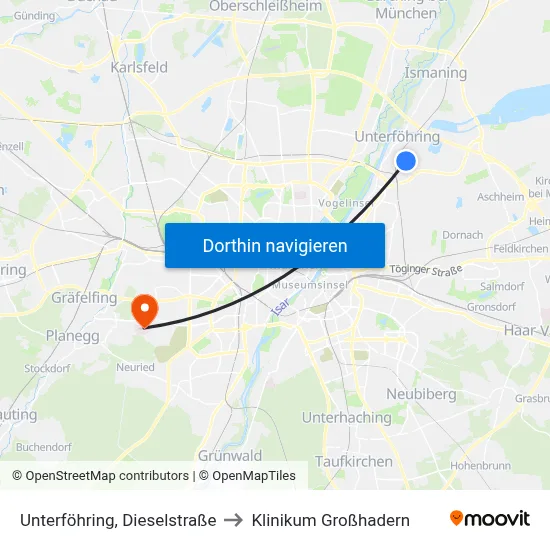 Unterföhring, Dieselstraße to Klinikum Großhadern map