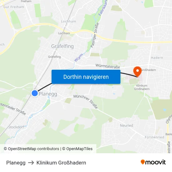 Planegg to Klinikum Großhadern map