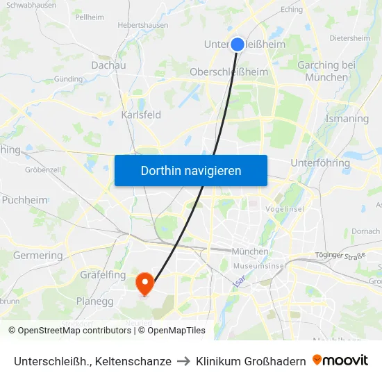 Unterschleißh., Keltenschanze to Klinikum Großhadern map