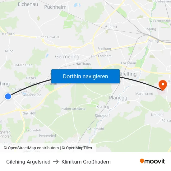 Gilching-Argelsried to Klinikum Großhadern map