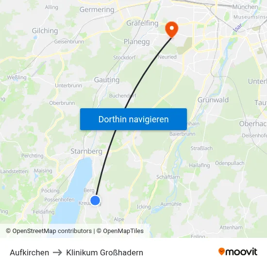 Aufkirchen to Klinikum Großhadern map