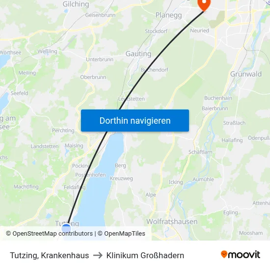 Tutzing, Krankenhaus to Klinikum Großhadern map