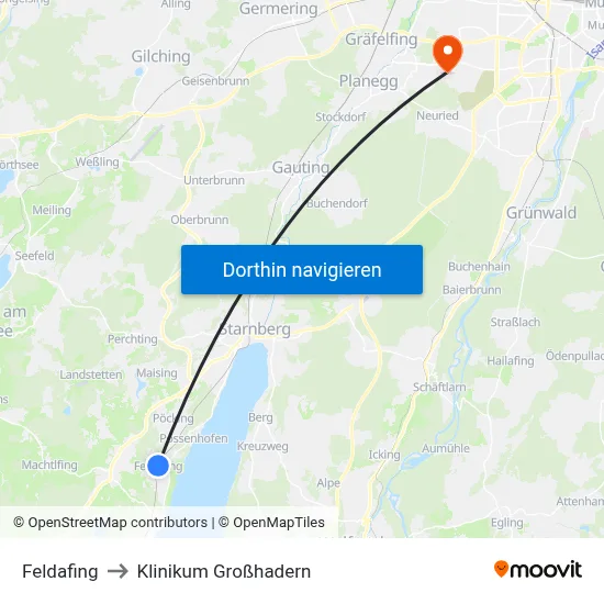 Feldafing to Klinikum Großhadern map