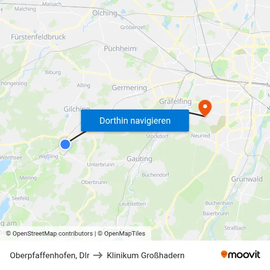 Oberpfaffenhofen, Dlr to Klinikum Großhadern map