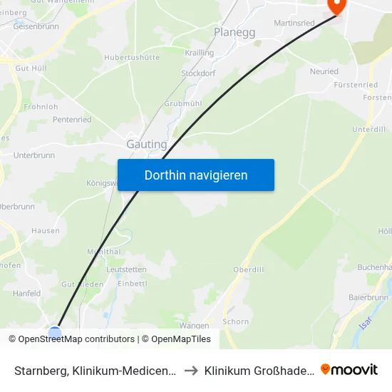 Starnberg, Klinikum-Medicenter to Klinikum Großhadern map