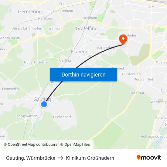 Gauting, Würmbrücke to Klinikum Großhadern map