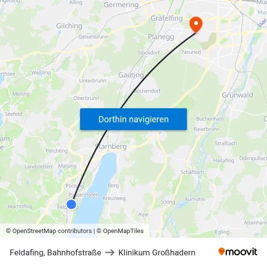Feldafing, Bahnhofstraße to Klinikum Großhadern map