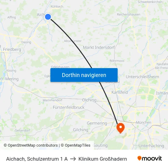 Aichach, Schulzentrum 1 A to Klinikum Großhadern map