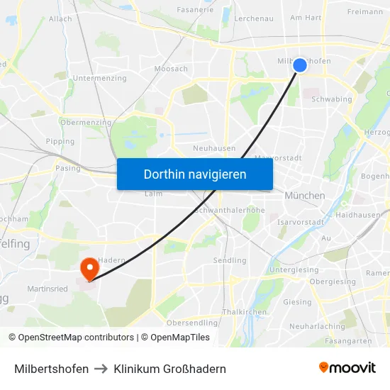 Milbertshofen to Klinikum Großhadern map