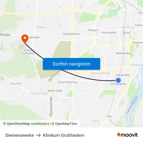 Siemenswerke to Klinikum Großhadern map