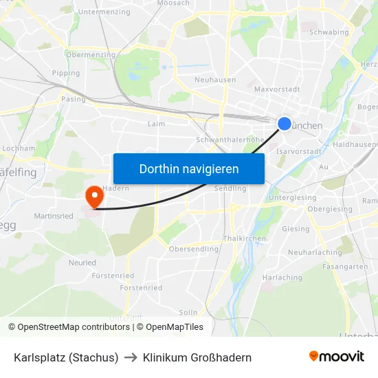 Karlsplatz (Stachus) to Klinikum Großhadern map