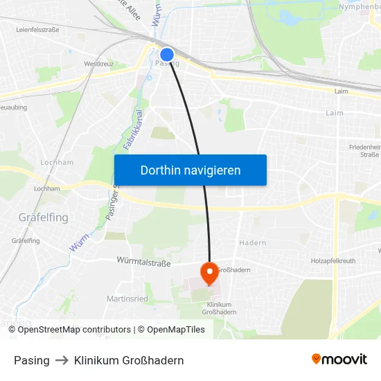 Pasing to Klinikum Großhadern map