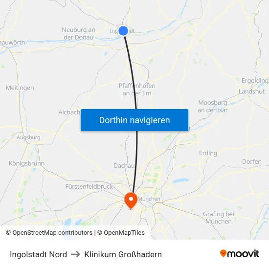 Ingolstadt Nord to Klinikum Großhadern map