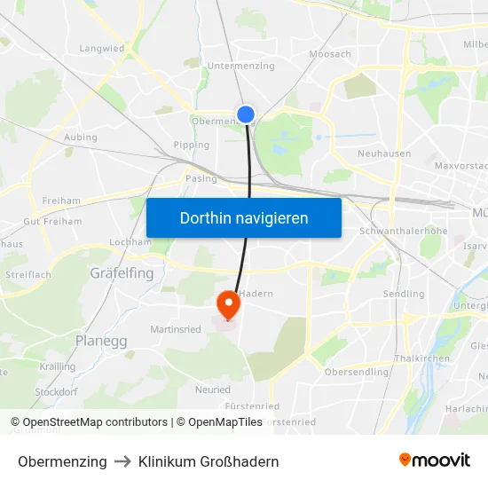 Obermenzing to Klinikum Großhadern map