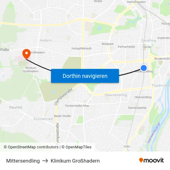 Mittersendling to Klinikum Großhadern map