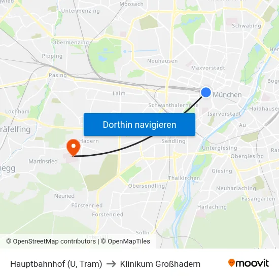 Hauptbahnhof (U, Tram) to Klinikum Großhadern map