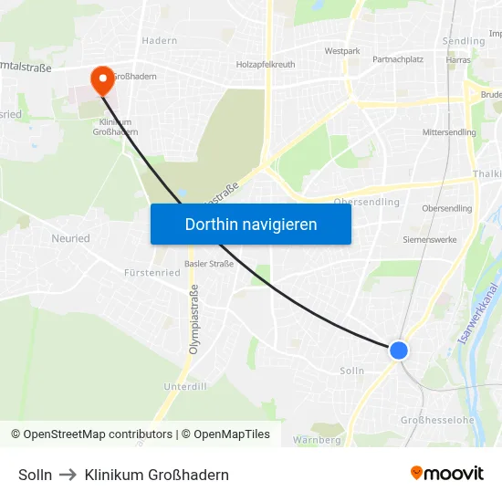 Solln to Klinikum Großhadern map