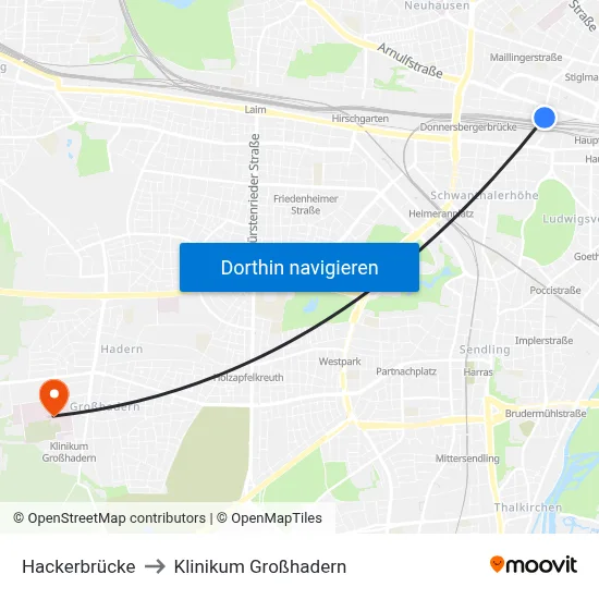 Hackerbrücke to Klinikum Großhadern map