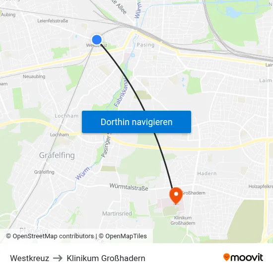 Westkreuz to Klinikum Großhadern map