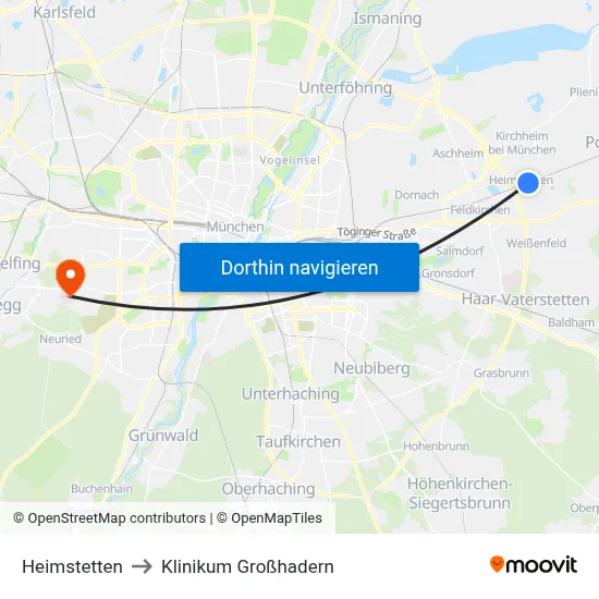 Heimstetten to Klinikum Großhadern map