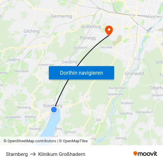 Starnberg to Klinikum Großhadern map