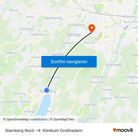 Starnberg Nord to Klinikum Großhadern map