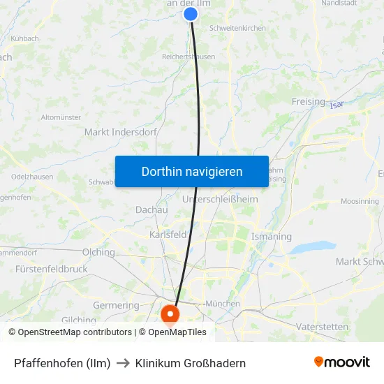 Pfaffenhofen (Ilm) to Klinikum Großhadern map