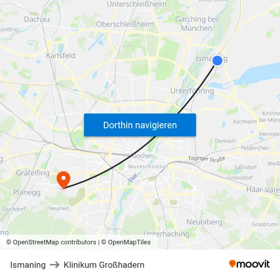 Ismaning to Klinikum Großhadern map