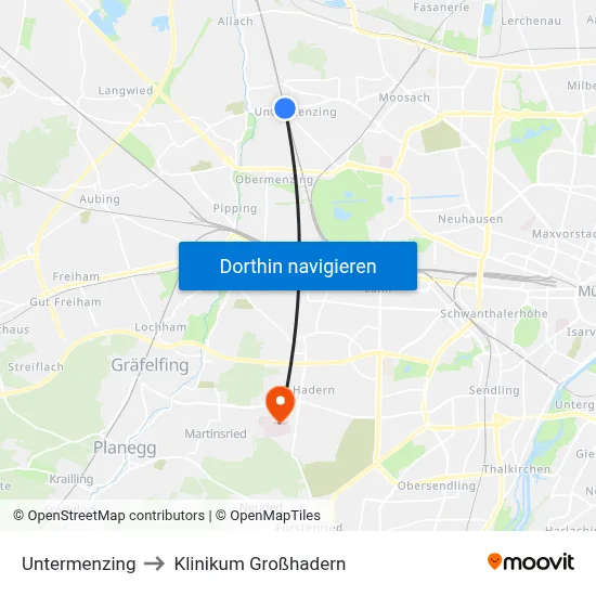 Untermenzing to Klinikum Großhadern map