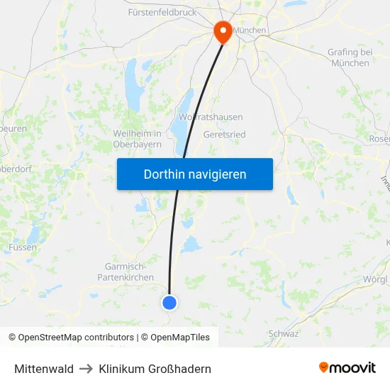 Mittenwald to Klinikum Großhadern map